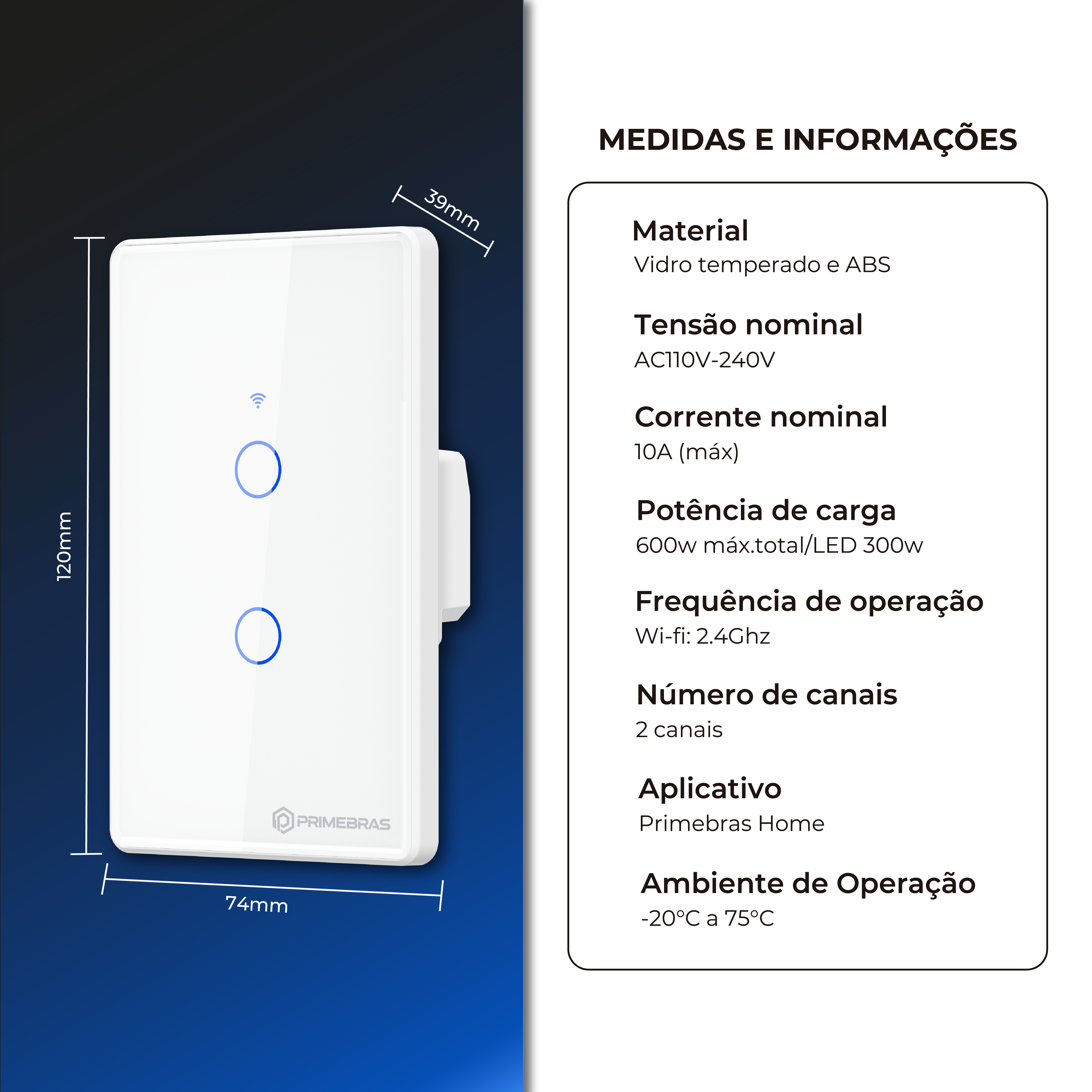 Interruptor Touch 2 Botões Wi-Fi TP1002 Branco